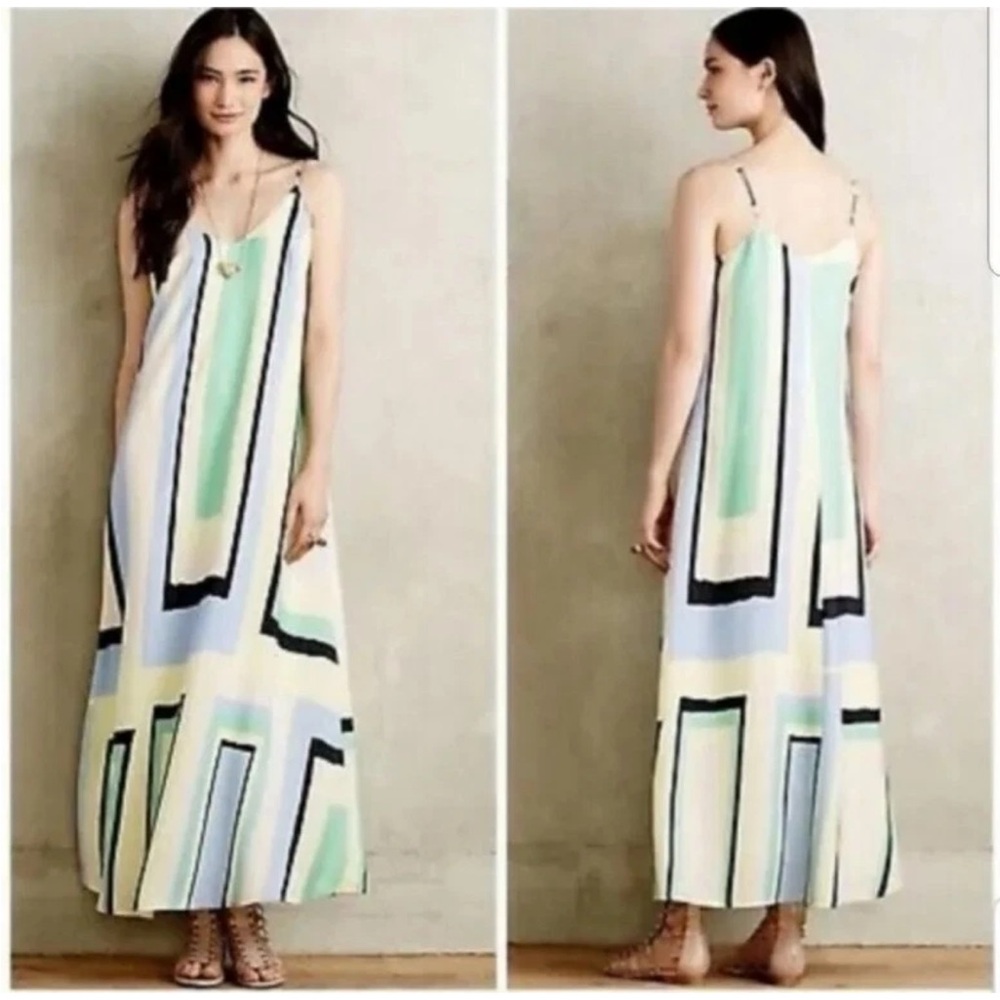 Anthropologie Maeve Yellow Green Geometric Maxi Dress Women's Size S Sleeveless